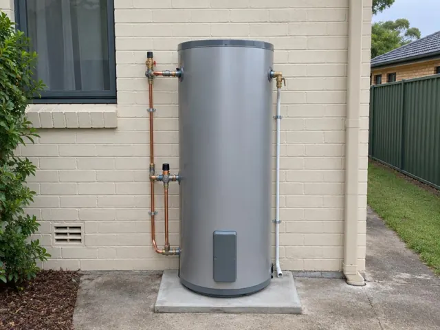 New cylindrical hot water system on a concrete slab beside a brick house wall in Fletcher